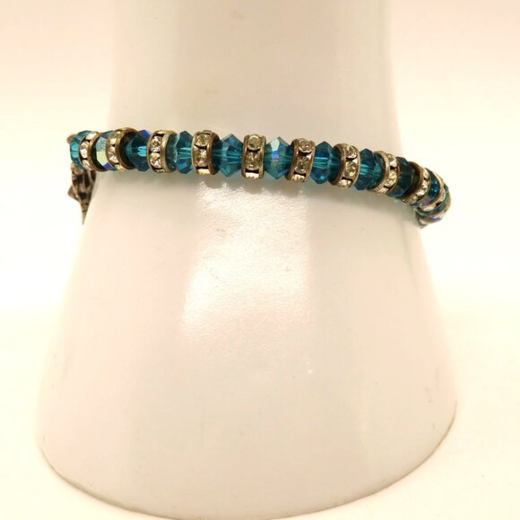 Blue Crystal Bead Bracelet Rhinestone Spacers Silver Tone Heart Toggle Clasp - Picture 2 of 12